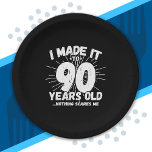 Funny 90th Birthday Quote Sarcastic 90 Year Old Paper Plate<br><div class="desc">This funny 90th birthday design makes a great sarcastic humour joke or novelty gag gift for a 90 year old birthday theme or surprise 90th birthday party! Features "I Made it to 90 Years Old... Nothing Scares Me" funny 90th birthday meme that will get lots of laughs from family, friends,...</div>
