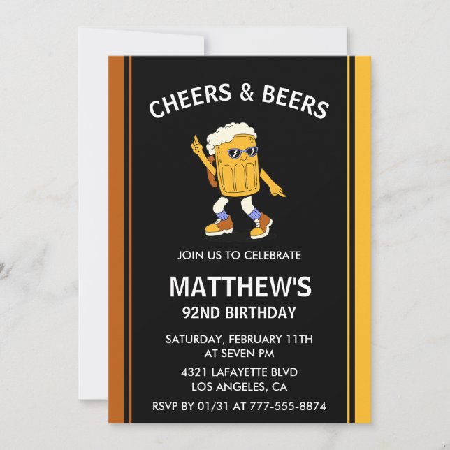 Funny 92nd birthday invitations Cheers and Beers (Front)