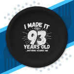 Funny 93rd Birthday Quote Sarcastic 93 Year Old Paper Plate<br><div class="desc">This funny 93rd birthday design makes a great sarcastic humour joke or novelty gag gift for a 93 year old birthday theme or surprise 93rd birthday party! Features "I Made it to 93 Years Old... Nothing Scares Me" funny 93rd birthday meme that will get lots of laughs from family, friends,...</div>