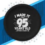 Funny 95th Birthday Quote Sarcastic 95 Year Old Paper Plate<br><div class="desc">This funny 95th birthday design makes a great sarcastic humour joke or novelty gag gift for a 95 year old birthday theme or surprise 95th birthday party! Features "I Made it to 95 Years Old... Nothing Scares Me" funny 95th birthday meme that will get lots of laughs from family, friends,...</div>