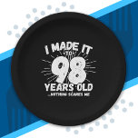 Funny 98th Birthday Quote Sarcastic 98 Year Old Paper Plate<br><div class="desc">This funny 98th birthday design makes a great sarcastic humour joke or novelty gag gift for a 98 year old birthday theme or surprise 98th birthday party! Features "I Made it to 98 Years Old... Nothing Scares Me" funny 98th birthday meme that will get lots of laughs from family, friends,...</div>
