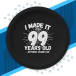 Funny 99th Birthday Quote Sarcastic 99 Year Old Paper Plate<br><div class="desc">This funny 99th birthday design makes a great sarcastic humour joke or novelty gag gift for a 99 year old birthday theme or surprise 99th birthday party! Features "I Made it to 99 Years Old... Nothing Scares Me" funny 99th birthday meme that will get lots of laughs from family, friends,...</div>
