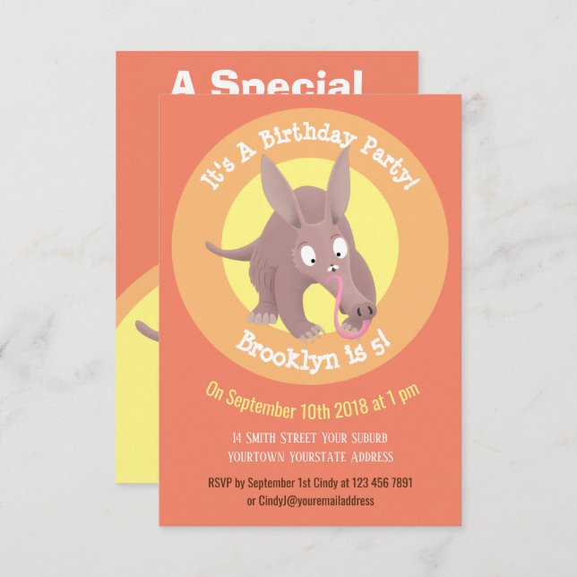 Funny aardvark cartoon personalised invitation (Front/Back)