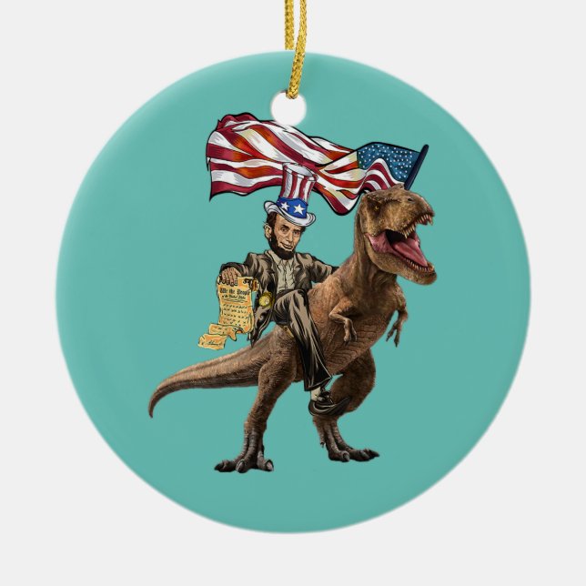 Funny Abe Lincoln With Dinosaur T Rex American Ceramic Tree Decoration (Front)