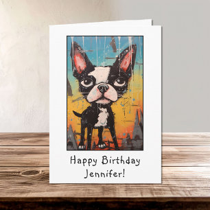 Funny Abstract Boston Terrier Happy Birthday Name Card