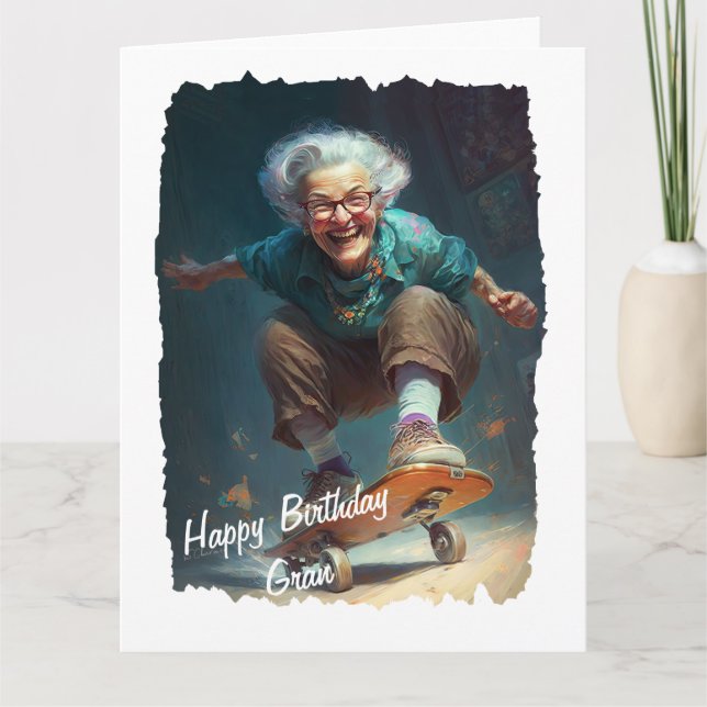 Funny Active Grandma on a Skateboard Birthday Card (Front)
