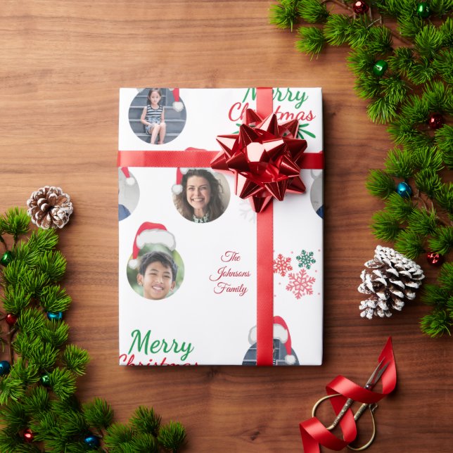 Funny Add Family Member 4 Photos Collage Santa Hat Wrapping Paper (Holiday Gift)