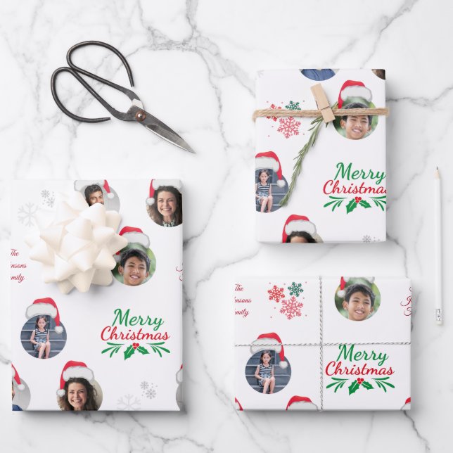 Funny Add Family Member 4 Photos Collage Santa Hat Wrapping Paper Sheet (Front)