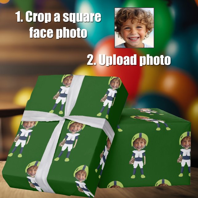 Funny Add Kids Face Photo Football Player Green Wrapping Paper (Creator Uploaded)