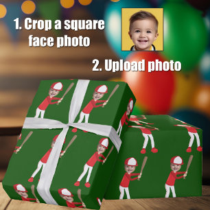 Funny Add Your Kids Face Baseball Player Green Wrapping Paper