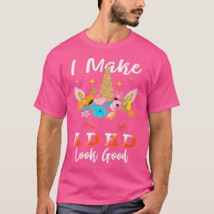 Funny ADHD Awareness Unicorn Flowers Support Orang T-Shirt