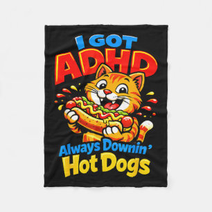 Funny ADHD Cat Always Downin Hot Dogs Food Lover Fleece Blanket
