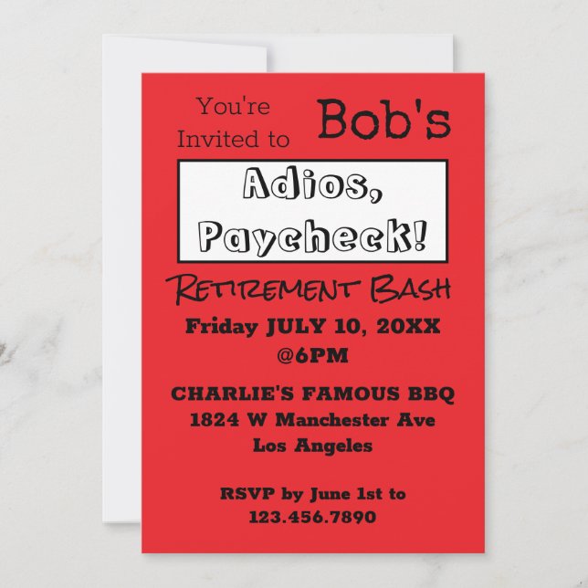 FUNNY Adios, Paycheck Dad Retirement Party  Invitation (Front)