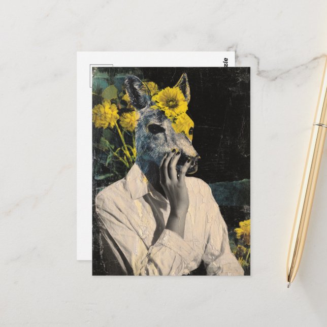 Funny Adorable Deer Woman Collage Postcard (Front/Back In Situ)