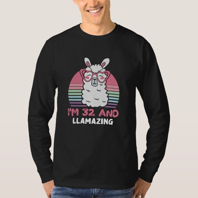 Funny Adorable Llama 32nd Birthday Gift For Women T-Shirt (Front)