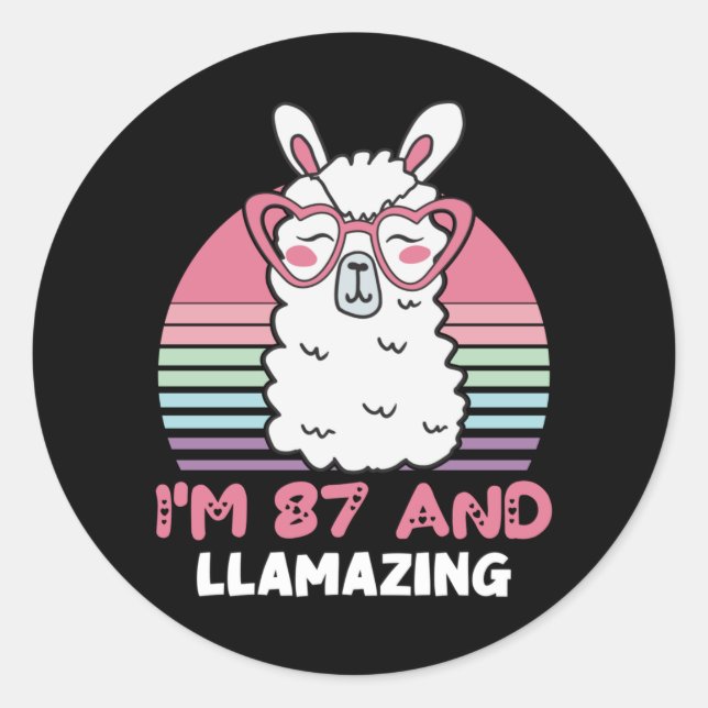 Funny Adorable Llama 87th Birthday Gift For Women Classic Round Sticker (Front)