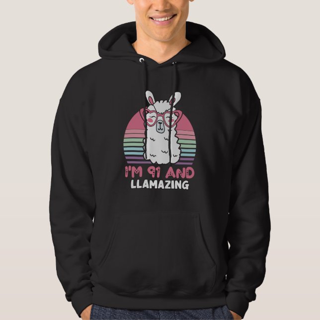 Funny Adorable Llama 91st Birthday Gift For Women Hoodie (Front)