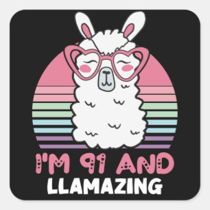 Funny Adorable Llama 91st Birthday Gift For Women Square Sticker