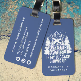 Funny Adventure Awaits Humor White Typography Blue Luggage Tag