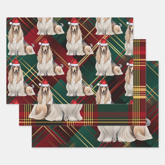 Funny Afghan Hound Christmas Dog Holiday Plaid Wrapping Paper Sheet (Set)