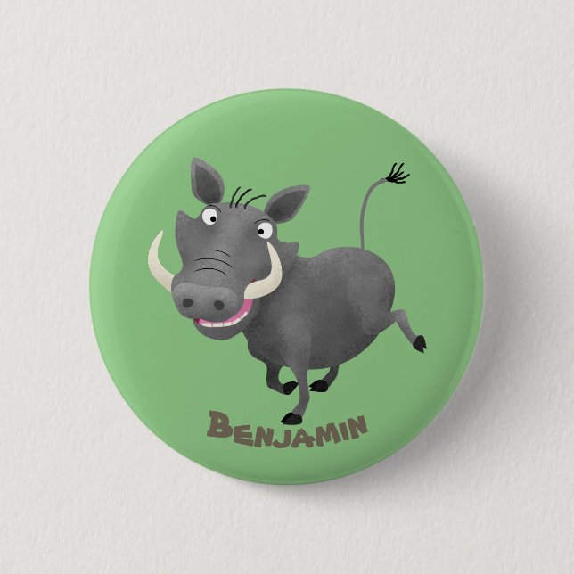 Funny african warthog pig cartoon illustration 6 cm round badge (Front)