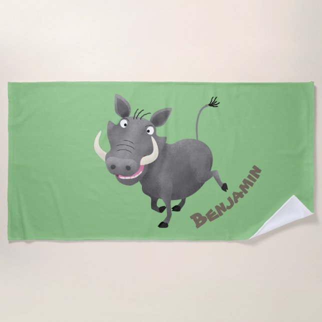 Funny african warthog pig cartoon illustration beach towel (Front)