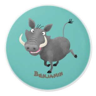 Funny african warthog pig cartoon illustration ceramic knob