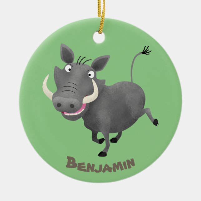 Funny african warthog pig cartoon illustration ceramic tree decoration (Front)