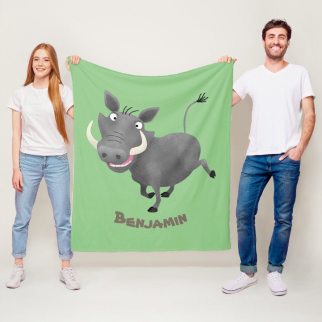 Funny african warthog pig cartoon illustration fleece blanket (In Situ)