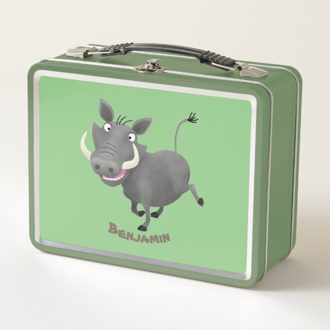 Funny african warthog pig cartoon illustration metal lunch box (Front)