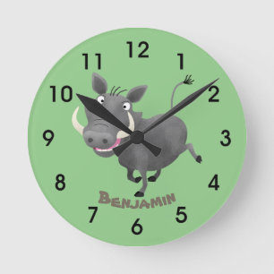 Funny african warthog pig cartoon illustration round clock