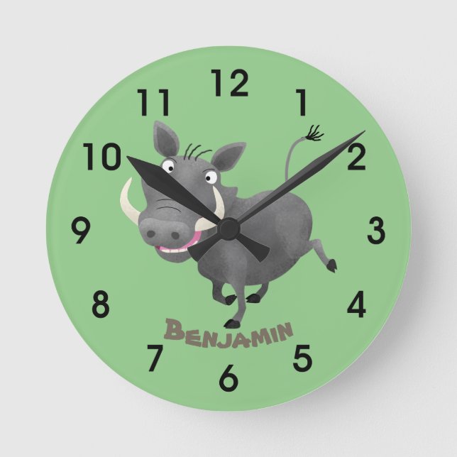 Funny african warthog pig cartoon illustration round clock (Front)