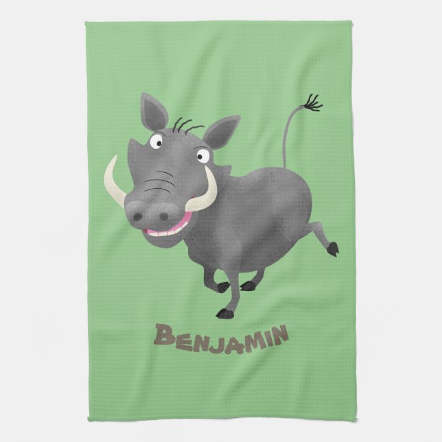 Funny african warthog pig cartoon illustration tea towel (Vertical)
