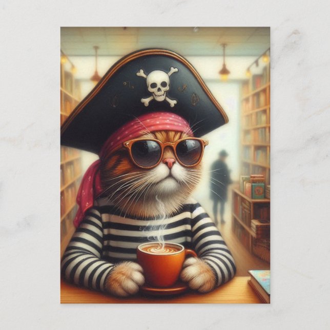 Funny AI Art Pirate Cat With Coffee In Bookstore Postcard (Front)