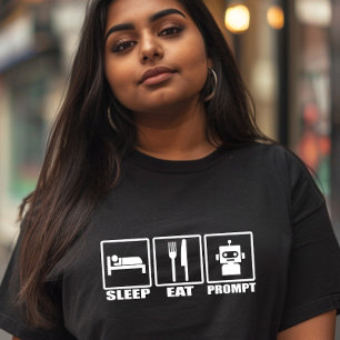 Funny AI Prompting T-Shirt Black White Robot Eat