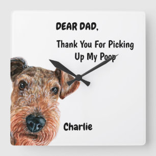 Funny Airedale terrier Dad Watercolor Canine Art Square Wall Clock