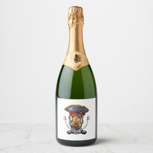 Funny Airedale Terrier dog in pirate hat with two Sparkling Wine Label