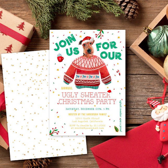 Funny Airedale Terrier Ugly Sweater Xmas Party Invitation (Creator Uploaded)