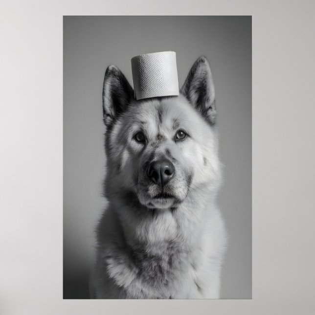 Funny Akita Bathroom Print, Toilet Paper Dog Art Poster (Front)