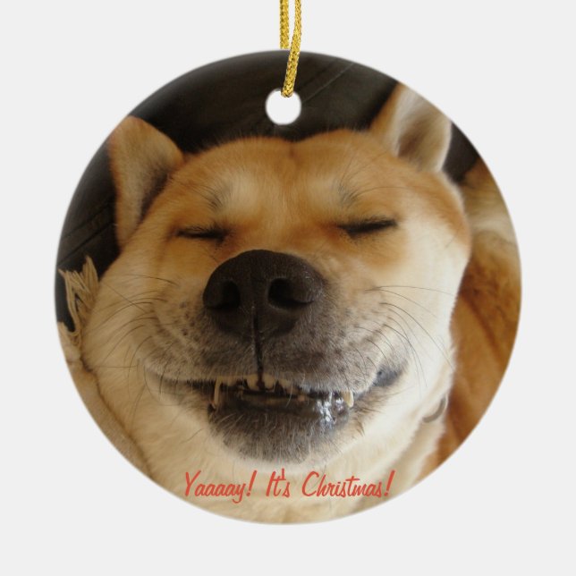 funny akita cute dog smiling at christmas ceramic tree decoration (Front)
