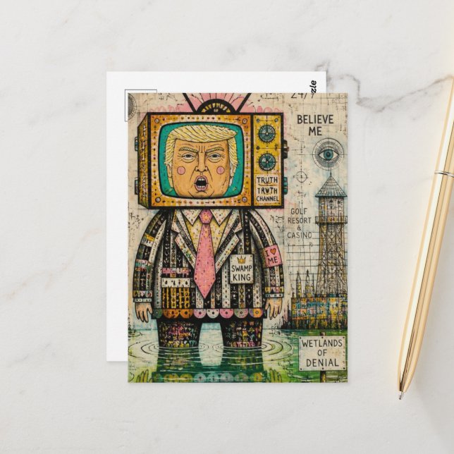 Funny  Algae Swamp Antitrump Mixed Media Collage Postcard (Front/Back In Situ)