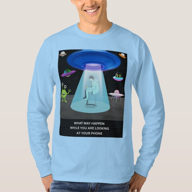 Funny Alien Abduction Phone Distraction Sci-Fi Hum T-Shirt (Front)