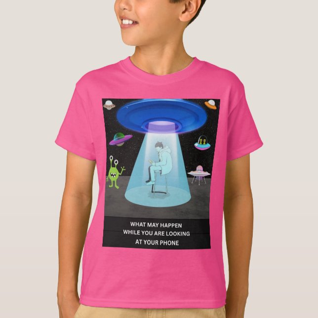 Funny Alien Abduction Phone Distraction Sci-Fi T-Shirt (Front)
