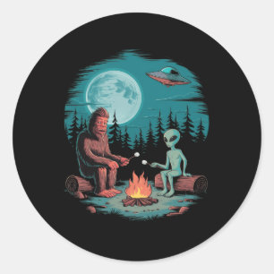 Funny Alien And Bigfoot Campfire Moon Ufo Adventur Classic Round Sticker