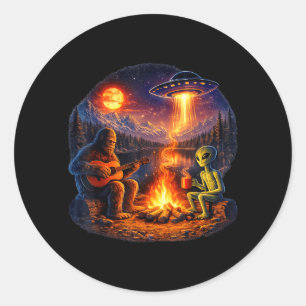 Funny Alien and Bigfoot Campfire Moon UFO Classic Round Sticker