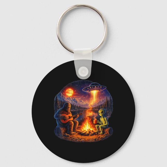 Funny Alien and Bigfoot Campfire Moon UFO Key Ring (Front)