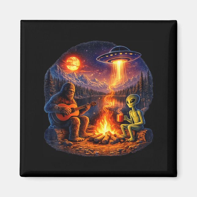 Funny Alien and Bigfoot Campfire Moon UFO Magnet (Front)