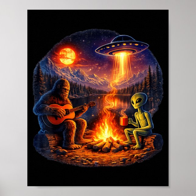 Funny Alien and Bigfoot Campfire Moon UFO Poster (Front)