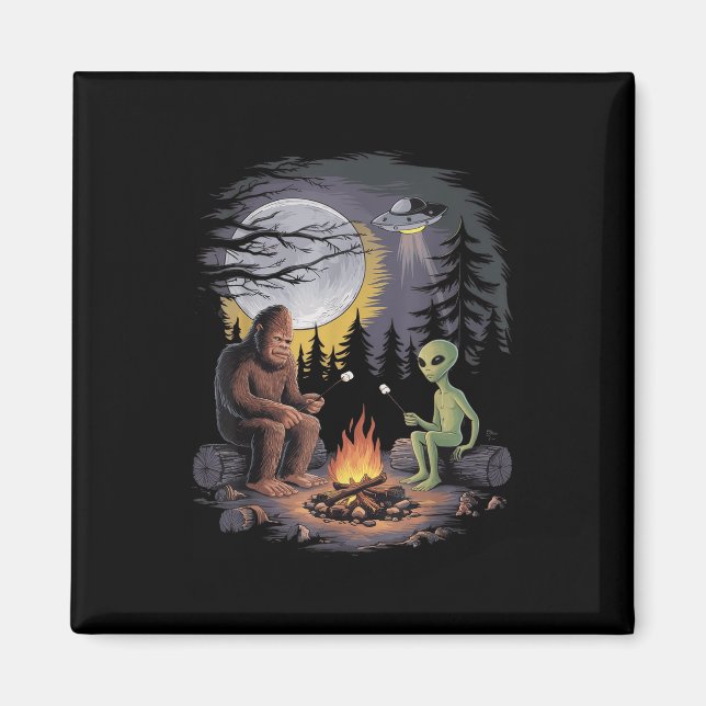 Funny Alien And Bigfoot Hiking Moon Sasquatch Ufo  Magnet (Front)