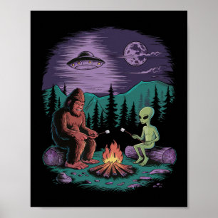 Funny Alien And Bigfoot Hiking Moon Sasquatch Ufo Poster